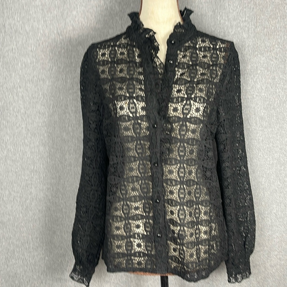 Rachel Zoe Woman’s Small Lacey Sheer High Neck Long Sleeve Blouse NWT Black 823